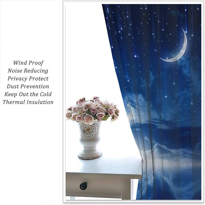 Star Night Sky Blackout Curtains, Moon Foggy Clouds Landscape Theme Print Window Drapes for Kids Girls Bedroom Living Room Decor 42" W X 45" L