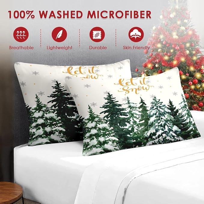 7 Pcs Full Size Christmas Comforter Set with 2 Pillowcases & 2 Shams, Countryside Nature Snowy Bedding for Kids and Adults, Winter Forest Green Pine Tree Bed in a Bag with Flat Fitted Sheet