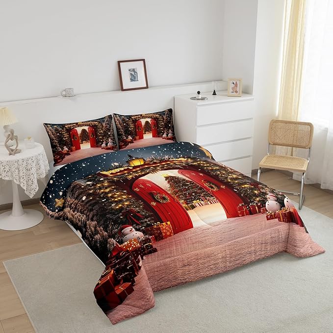 Feelyou Merry Christmas Bedding Set for Kids Boys Girls Twin Size Christmas Tree and Snowman Comforter Set Ultra Soft Comforter Snowflake Duvet Quilt Bedroom Decor Decorations Quilt