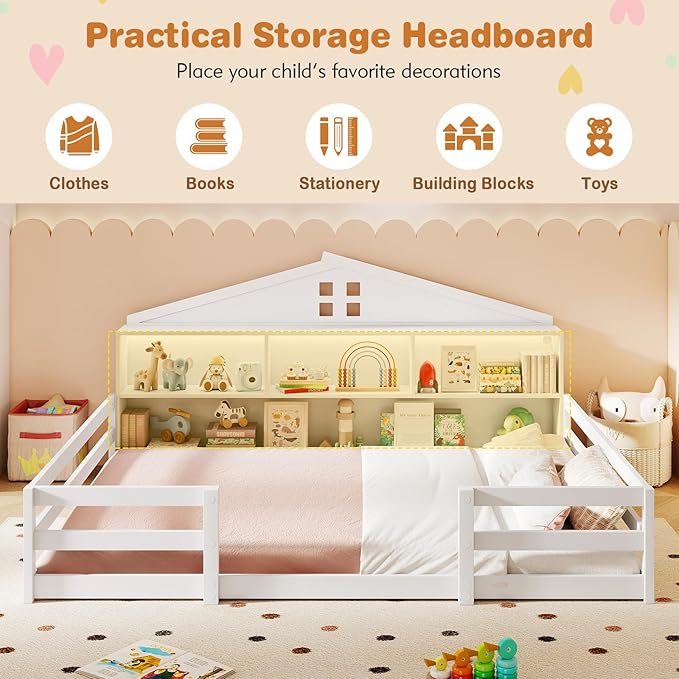 KOMFOTT Full Floor Bed with Bookcase & LED Light, Wood Bed Frame with Bedside Bookshelves & Guardrails, Versatile 2-in-1 Montessori Floor Bed for Kids