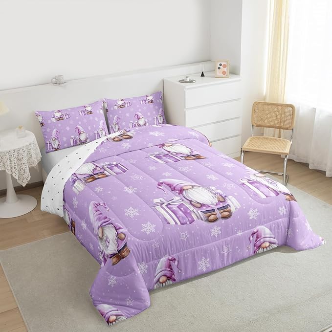 Feelyou Purple Christmas Kids Comforter Set Full Size Scandinavian Christmas Santa Gnomes Bedding Set Xmas Snowflake Duvet Quilt for Kids Boys Girls Bedroom Decor Ultra Soft Breathable