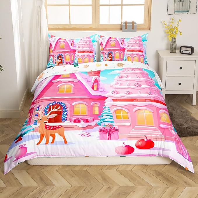 Feelyou Christmas Pink Comforter Cover Set Cute Deer Print Bedding Set King Size for Kids Boys Girls Bedroom Bed Decor Xmas Christmas Duvet Cover Soft Bedspread Cover,No Comforter