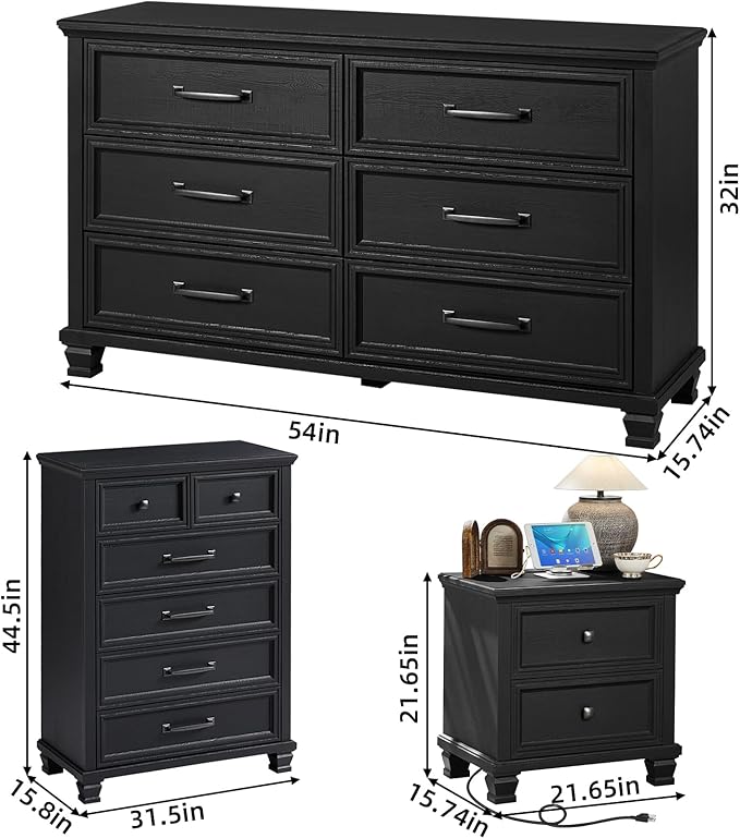 Farmhouse Bedroom Dresser and Nightstand Set of 4, 6 Drawer Tall & Low Dresser & 2 Drawer Nightstand Set, Rustic Wood Furniture Set for Bedroom, Hallway, Black