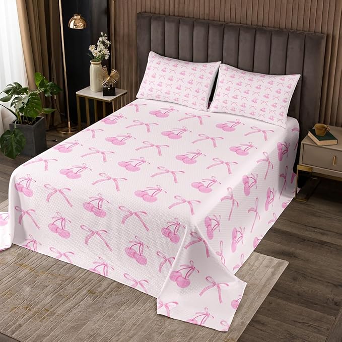 Manfei Cartoon Bowknot Kids Bedspread Twin Size,Pink Bow Tie Butterfly Knot Princess Coverlet Set,Girls Women Room Decor,Cherry Bow Patchwork Quilted Coverlet,Romantic Bedding Quilt,1 Pillowcase