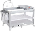 Baby Bassinet Bedside Crib, Pack and Play with Mattress, Diaper Changer, One-Push Setup Playards from Infants to Toddlers (Grey)