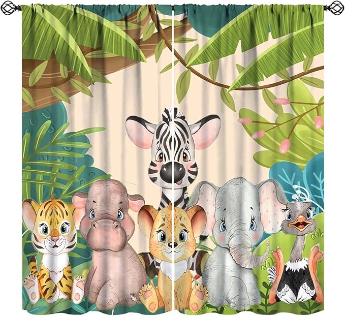 Animals Curtains Colorful Forest Cartoon Cute Zebra Tiger Elephant for Kids Boys Girls Nursery Bedroom Living Room Blackout Rod Pocket Decoration Window Drapes 2 Panels W31.5xL72in