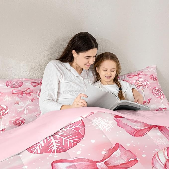 Feelyou Pink Bow Comforter Set Full Size Pink Lollipops Bedding Set for Kids Boys Girls Watercolor-Style Duvet Quilt Xmas Snowflake Bedroom Decor Christmas Microfiber 3 Pcs with 2 Pillow Cases