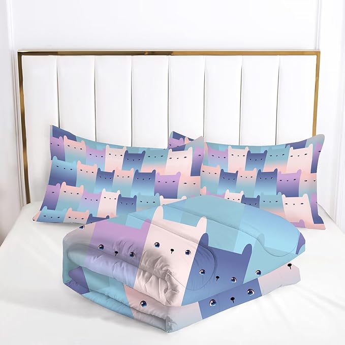 Gradient Cat Comforter Set: Twin Size Kawaii Cats Bedding Set for Kids Teens Girls Boys Bedroom Decor Blue Purple Cute Kitten Quilt Bed Sets 1 Comforter & 1 Pillowcase