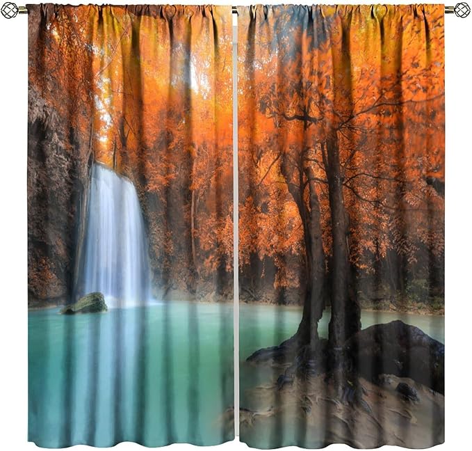 Forest Waterfall Blackout Curtains, Fall Leaves Trees Jungle Autumn Stream Country Nature Landscape Scenery Window Drapes, for Bedroom Living Room 63" W X 63" L