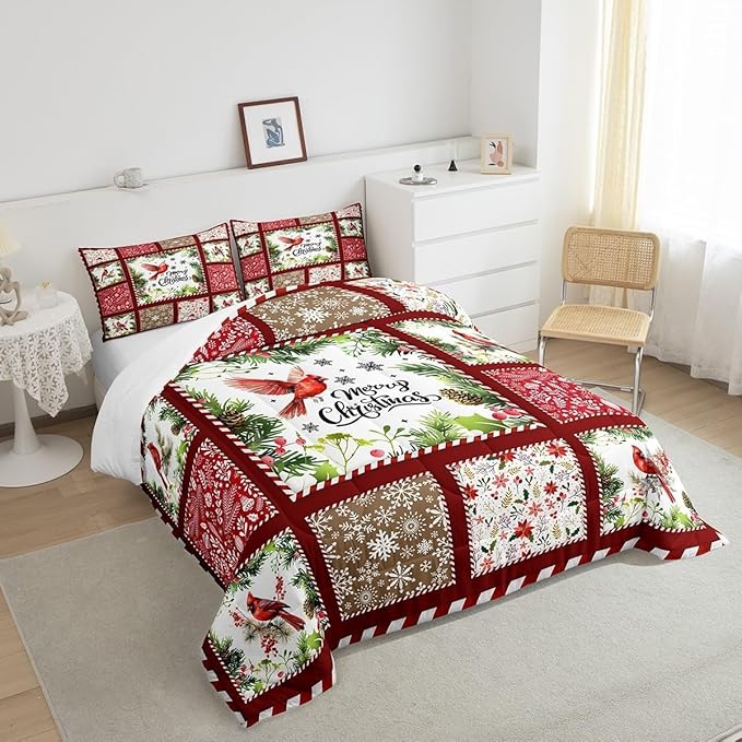 Castle Fairy Merry Christmas Comforter Set Toddler Size,Xmas Rustic Patchwork Watercolor Cardinal Bird Bedding Set for Kids Boys Men,Red Floral Leaves Snowflakes Plaid Quilt Set with 1 Pillowcase