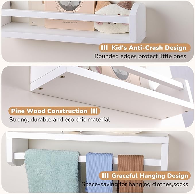 Nursery Book Shelves, 4 Pcs White Floating Shelves for Wall, 16.5 inch Solid Wood Scalloped Shelves, Wall Mounted Bookshelf for Toddler Room, Baby Room, Nursery Decor