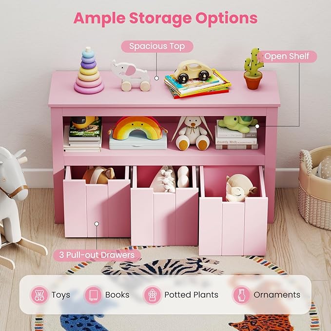 Costzon Toy Storage Cabinet, Toy Chest w/ 3 Removable Drawers, Wheels & Spacious Tabletop, Toddler Storage Organizer for Kids Room, Playroom & Nursery (Pink, 13" D x 40" W x 24.5" H (3 Drawers))