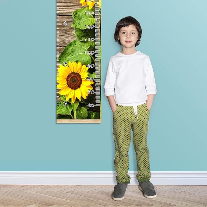 Personalized Kids Name Growth Chart Ruler for Wall Wood Frame Height Measure Chart 13.4x56 in Linen Hanging Height Growth Chart Sunflower and Wood Kids Room Decor