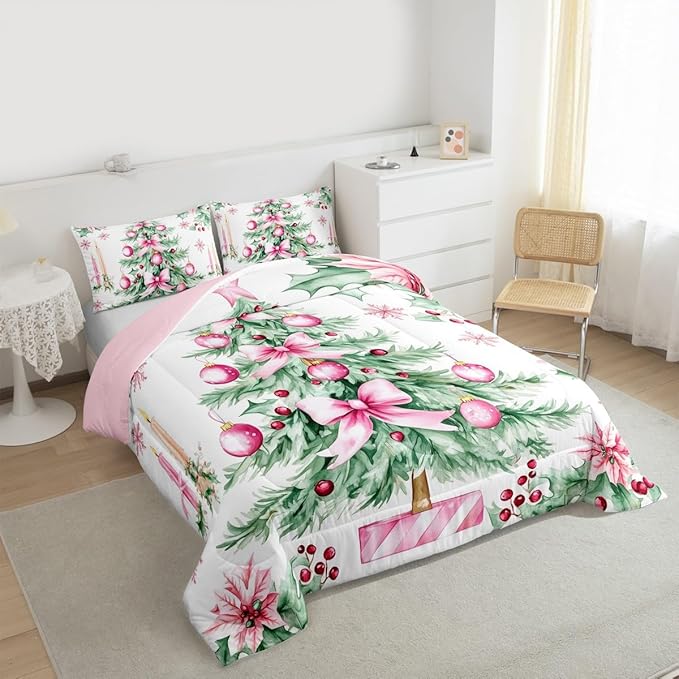Feelyou Pink Christmas Comforter Set King Size Xmas Tree Bedding Set for Kids Boys Girls Xmas Ornaments Duvet Quilt Snowflake Bow Bedroom Decor Microfiber 3 Pcs with 2 Pillow Cases