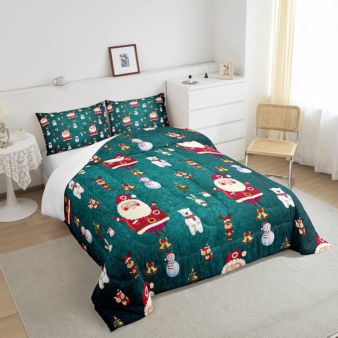 Christmas Comforter Set Cute Snowman Santa Claus Kids Decorations Bedding Set Boys Girls Bear Rabbit Comforter Christmas Bells Design Teal Blue Quilt with 1 Pillowcase 2Pcs Bedding Twin