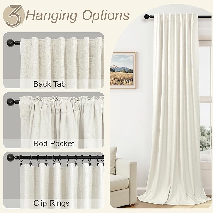 Floor to Ceiling Curtains 104 Inch Long 2 Panel Sun Light Blocking Bohemian Soft Natural Linen Textured Blackout Thermal Insulated Drape for Bedroom Dining Room Privacy Moody Vintage Cottagecore Cream