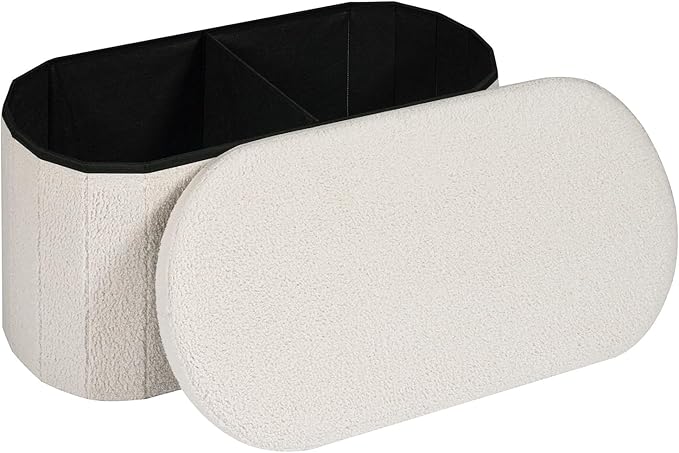 30" Oval Foldable Ottoman with Storage, Teddy Boucle Fabric Footrest, Storage Bench for Living Room, Bedroom, Entryway, Dorm, White