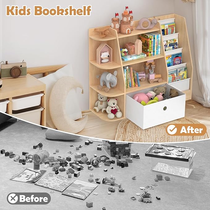 Kids Bookshelf and Toy Storage,4 Tier Wooden Kids Book Shelf,Large Childrens Bookshelf with Drawers,Open Bookcase & Storage Organizer Boxes for Nursery,Playroom, Bedroom,Burlywood