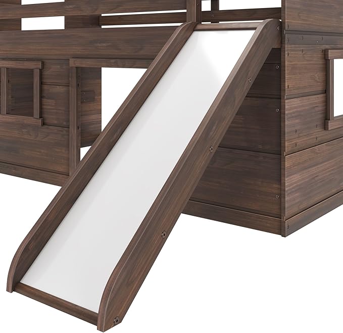 Max & Lily Loft Bed Twin Size, Solid Wood Low Loft Bed with Slide and Ladder, Modern Farmhouse Loft Bed for Kids, Barnwood Brown