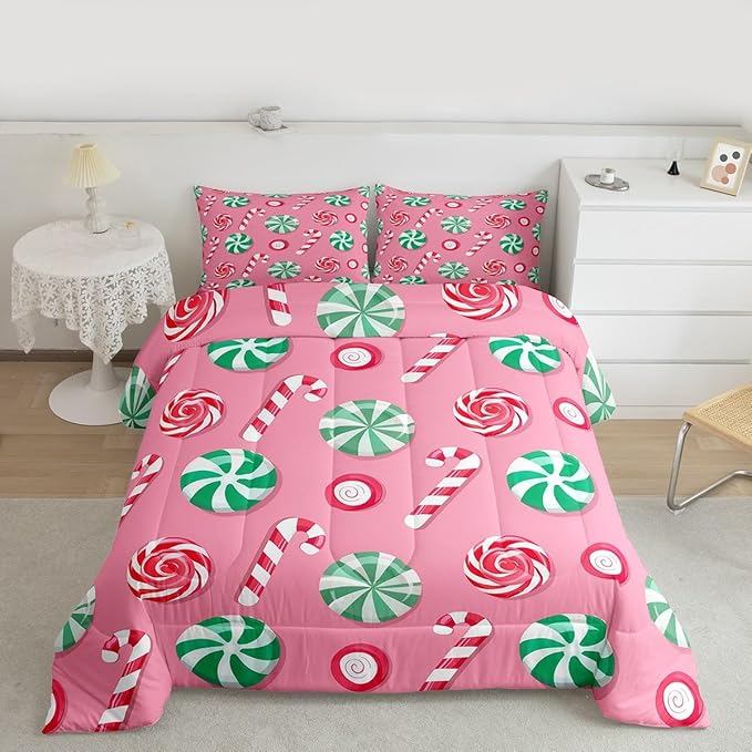 Feelyou Christmas Comforter Set Twin Size Candy Bedding Set for Kids Boys Girls Xmas Theme Duvet Quilt Bedroom Decor Microfiber 2 Pcs with 1 Pillow Cases