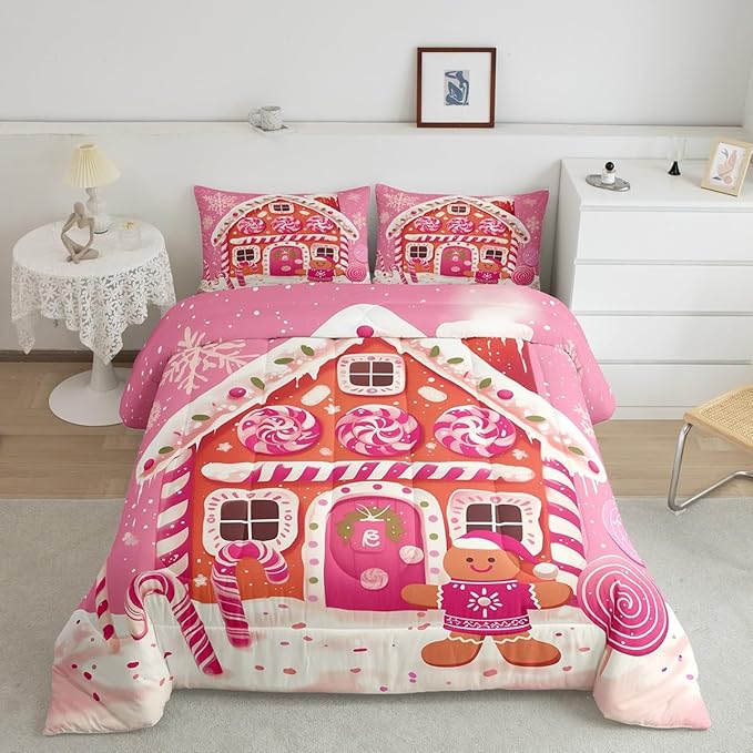 jejeloiu Kids Christmas Theme Comforter Set King Size Xmas Gingerbread Man Candy Cane House Bedding Set for Boys Girls Teens Hot Pink Winter Happy New Year Duvet Quilt Room Decor