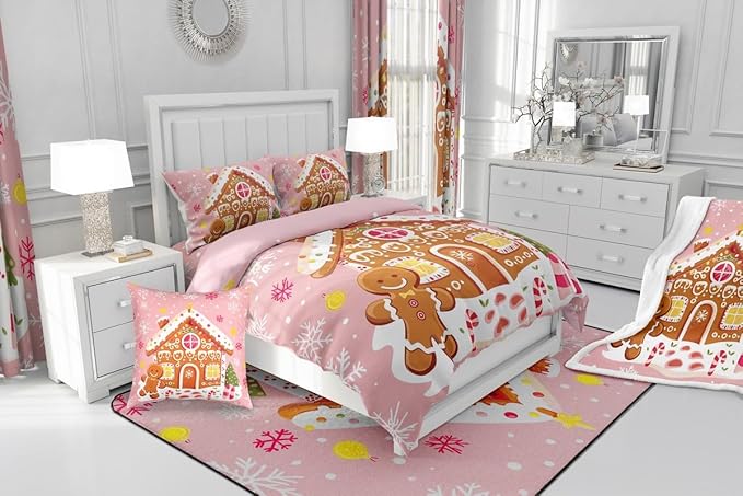 Feelyou Christmas Gingerbread Bedding Set Soft for Boys Girls,Gingerbread House Comforter Set Queen Winter Holiday Decor Duvet Quilt Cute Snowflake Room Decor Pink Decor 3 Pcs with 2 Pillow Cases