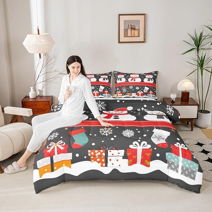Feelyou Christmas Comforter Set Twin Size Snowman Bedding Set for Kids Boys Girls Snowflake Duvet Quilt New Year Gift Bedroom Decor Microfiber 2 Pcs with 1 Pillow Cases