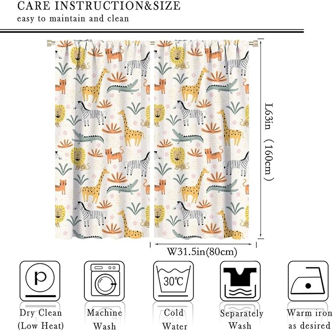 Wild Animals Curtains, Cute Cartoon Animals Zoo with Lion Zebra Crocodile Cat and Giraffe Tropical Jungle Plant Print Window Treatments for Kids Boys Girls Bedroom Living Room 63x63in