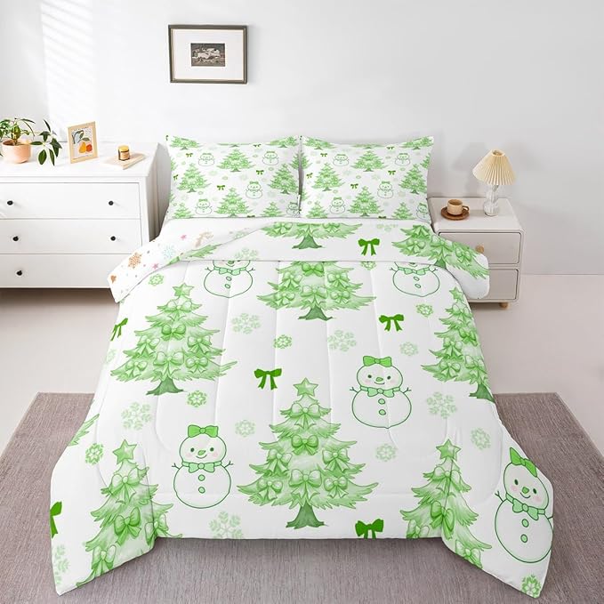 Feelyou Merry Christmas Comforter Set All Season Cute Snowman Bedding Set with 1 Pillow Cases Cartoon Bowknot Microfiber Kids Twin Bedclothes Christmas Tree Duvet Quilt Breathable Soft Lightweight