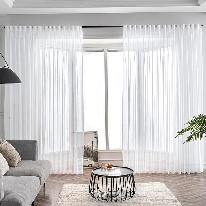 White Sheer Curtains 84 Inches Long 2 Panels, Thin Textured Linen Look Window Sheers, Pinch Pleated Drapes for Living Room, Sliding Glass Door Curtain with Rings & Hooks & Back Tab