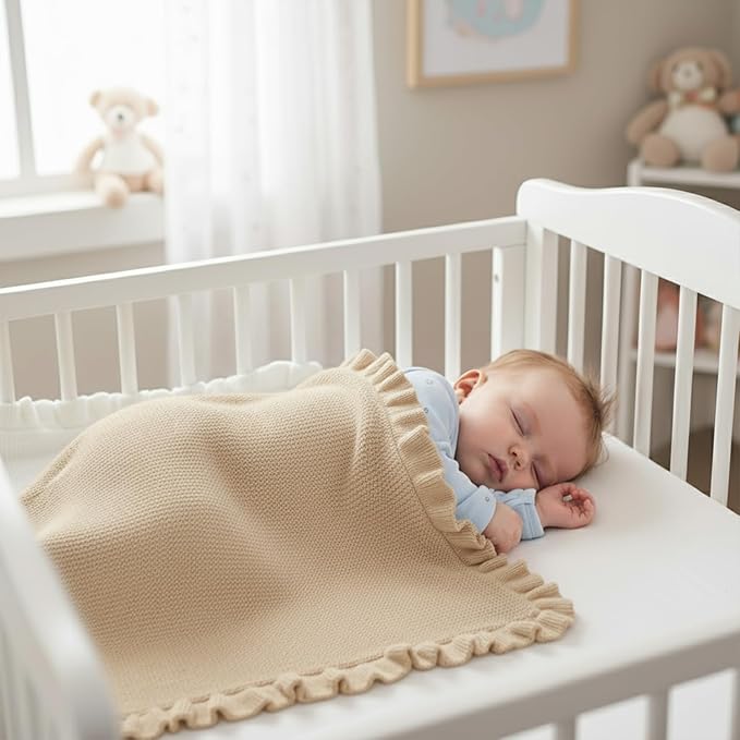 Cotton Baby Blanket with Ruffle Edge Soft Breathable Newborn Blanket for Boys & Girls, Lightweight Knit Throw for Crib, Stroller & Nursery Multiple Colors Available Cream 30x40
