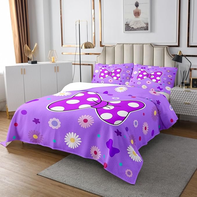 Manfei Purple Bowknot Kids Bedspread King Size,Star Daisy Floral Geometric Dots Patch Coverlet Set,Girls Women Room Decor,Bow Tie Princess Cute Quilted Coverlet,Romantic Bedding Quilt,2 Pillowcases
