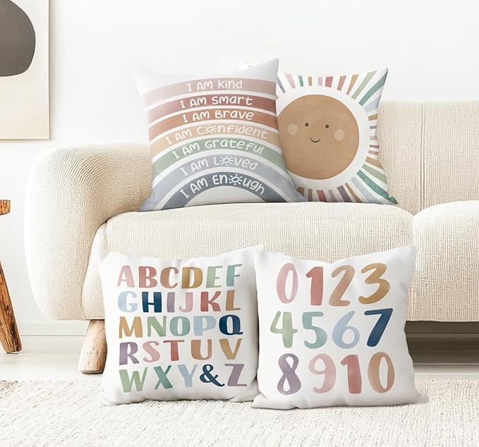 Kids Playroom Decor,Boho Sun Alphabet Throw Pillow Covers,Kids Reading Nook Decor Pillowcase for Classroom Playroom Nursery,18x18 Inch Pillowcase Set of 4