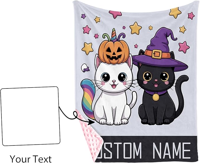 Personalized Halloween Blanket for Baby Girls, Custom Baby Blanket with Name, Cute Cat Pattern Soft Minky Dot Blanket, Halloween Decor Christmas Birthday Gifts for Kids Toddlers