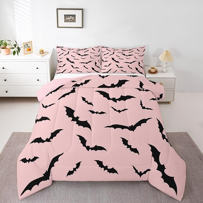 Erosebridal Pink Halloween Bedding Set Gothic Bats Comforter Set King Size,Spooky Halloween Decor Quilt for Kids Boys Girls Adults Black Pink Goth Themed Duvet Insert,Goth Horror Animal