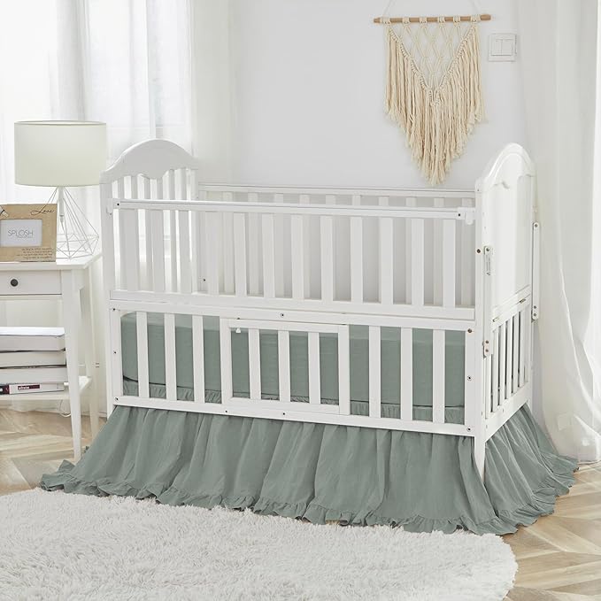 Brandream Boho Bohemian Girl Baby Nursery Crib Bed Skirt Dust Ruffle - Neutral Solid Color Sage Green Farmhouse Chic 100% Washed Cotton Ruffle