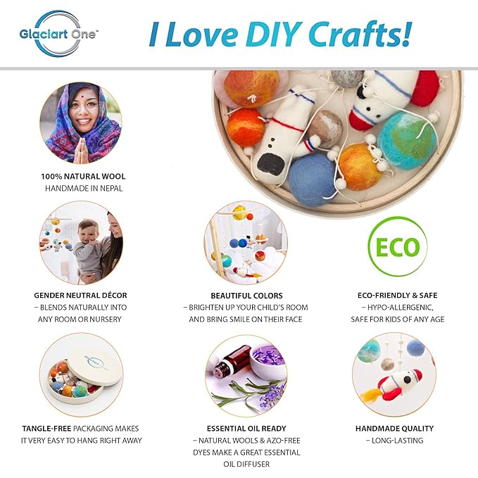 Glaciart One Space Nursery Felt Mobile - Colorful Decor for Crib, Baby Rooms - Handmade, Child-Safe Wood, Felt Wool & Cotton - Solar System Decoration for Girls & Boys - 10x20Inch