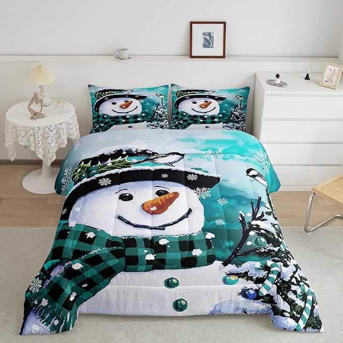 Feelyou Kids Christmas Theme Decorations Bedding Set Xmas Snowman Comforter Set for Boys Girls Watercolor Teal Bedroom Collection Twin Size