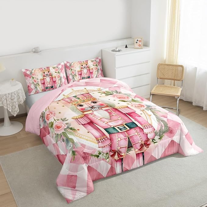 Feelyou Christmas Comforter Set All Season Pink Nutcrackers Bedding Set with 2 Pillow Cases Rose Kids Queen Bedclothes Floral Bedroom Decor Funny Nutcracker Duvet Quilt Breathable Soft Lightweight