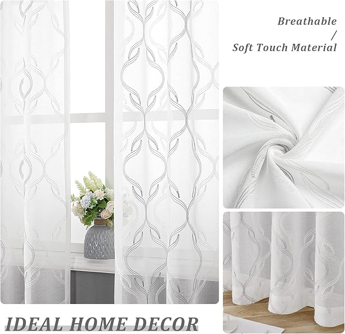 VISIONTEX Sheer Curtains 95 Inches Long 2 Panels Set, Grey and Ivory Moroccan Embroidery Texture Geometric Rod Pocket White Voile Tulle Semi Window Treatment Pair for Bedroom, W54 x L95