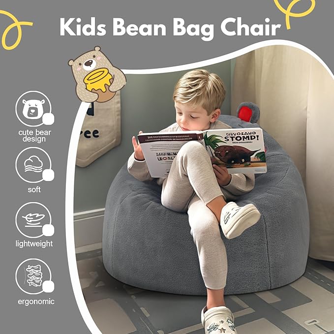 COMAX Bean Bag Chairs for Kids, Toddler BeanBag Sofa with Filler Bean Couch Stuffed for Boys and Girls, Lazy Floor Chair for Playroom, Nursery Room, Bear