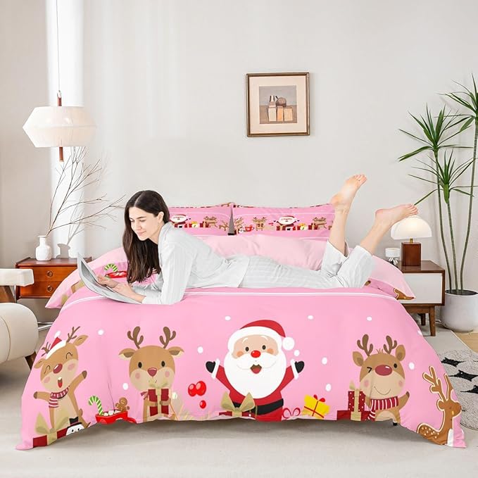 Christmas Bedding Duvet Cover Set Kids Cartoon Santa Claus Bedding Set Boys Girls Deer New Year Decor Comforter Cover Set Microfiber Gift Boxes Xmas Theme Bedspread Cover Bedroom Bedclothes Queen Size