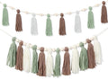 2 Pcs Tassel Garland with Wood Beads, Handmade Cotton Yarn Wall Hanging Banner Boho Tassel Wall Hanging Party Decor for Nursery, Birthday Baby Shower Home Classroom Decoration(Earth Tones)