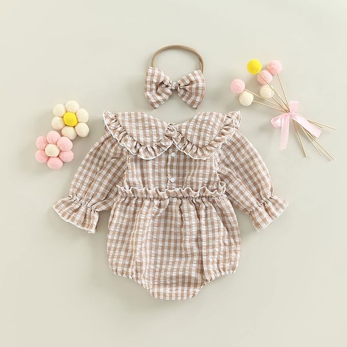 Karuedoo Newborn Baby Girl Clothes Gingham Plaid Bubble Romper Long Sleeve Ruffle Bodysuit with Headband Spring Fall Outfit