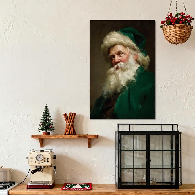 YONICA Christmas Canvas Wall Art Green Santa 18x24 Inch Historical Christmas Figure Art - Large Framed Gallery Wrapped Collectors Edition