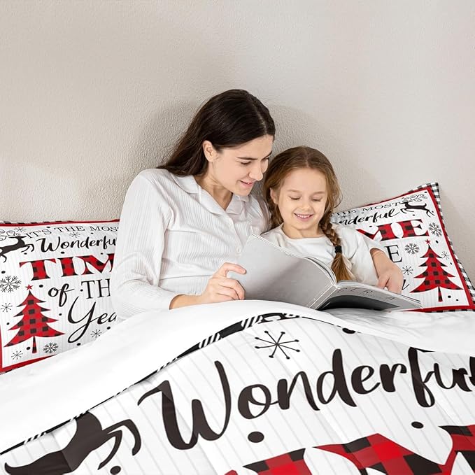 Merry Christmas Kids Comforter Set Full Size,Snowflake Deer Pine Trees Romantic Bedding,Girls Boys Adults Bedroom/Xmas Cabin Decor,Grids Stylish Down Comforter,Rustic Duvet Insert,2 Pillowcases