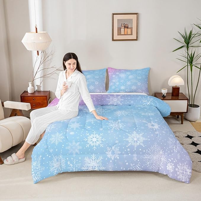 Feelyou Christmas Comforter Set All Season Winter Snowflake Bedding Set with 2 Pillow Cases Blue Purple Gradient Microfiber Kids Queen Bedclothes Bedroom Decor Duvet Quilt Breathable Soft Lightweight