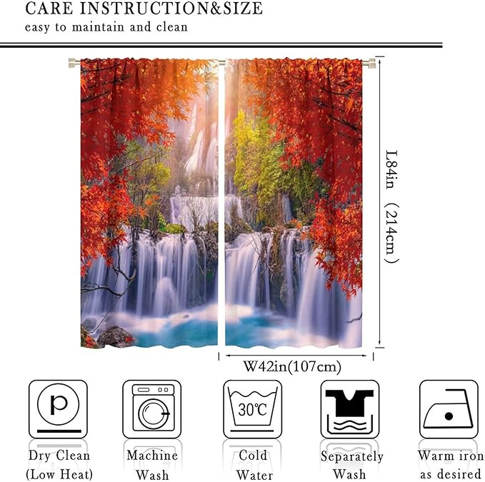 Forest Waterfall Blackout Windows Curtains, Autumn Red Green Maple Leaves Jungle Rainforest Natural Scenery Landscape Curtains, for Living Room Bedroom 84x84in 2 Panels
