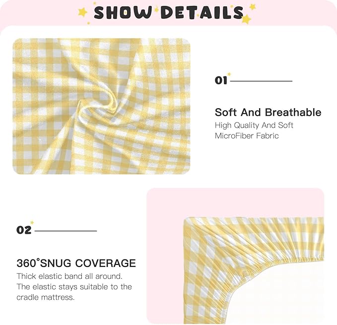 Yellow Gingham Crib Sheets for Boys and Girls, Fitted Baby Crib Sheets Soft and Breathable Mini Crib Sheets 39 X 27 Inches