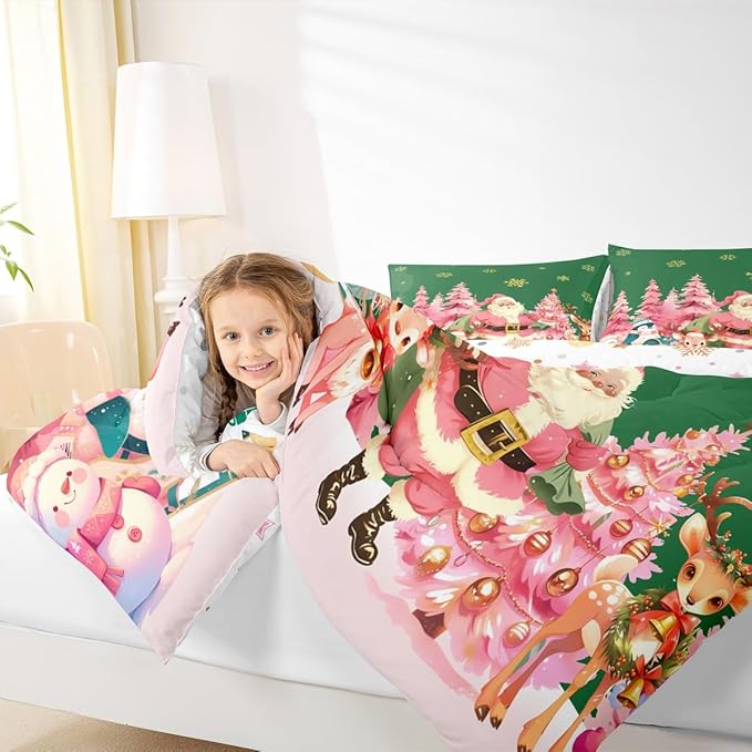 jejeloiu Merry Christmas Comforter Set Full Size Santa Claus Bedding Set for Kids Boys Girls Cute Deer Duvet Quilt Green Bedroom Decor